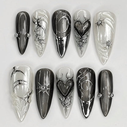 Gothic Chrome 3D Press-On Nails with Celestial & Heart Designs