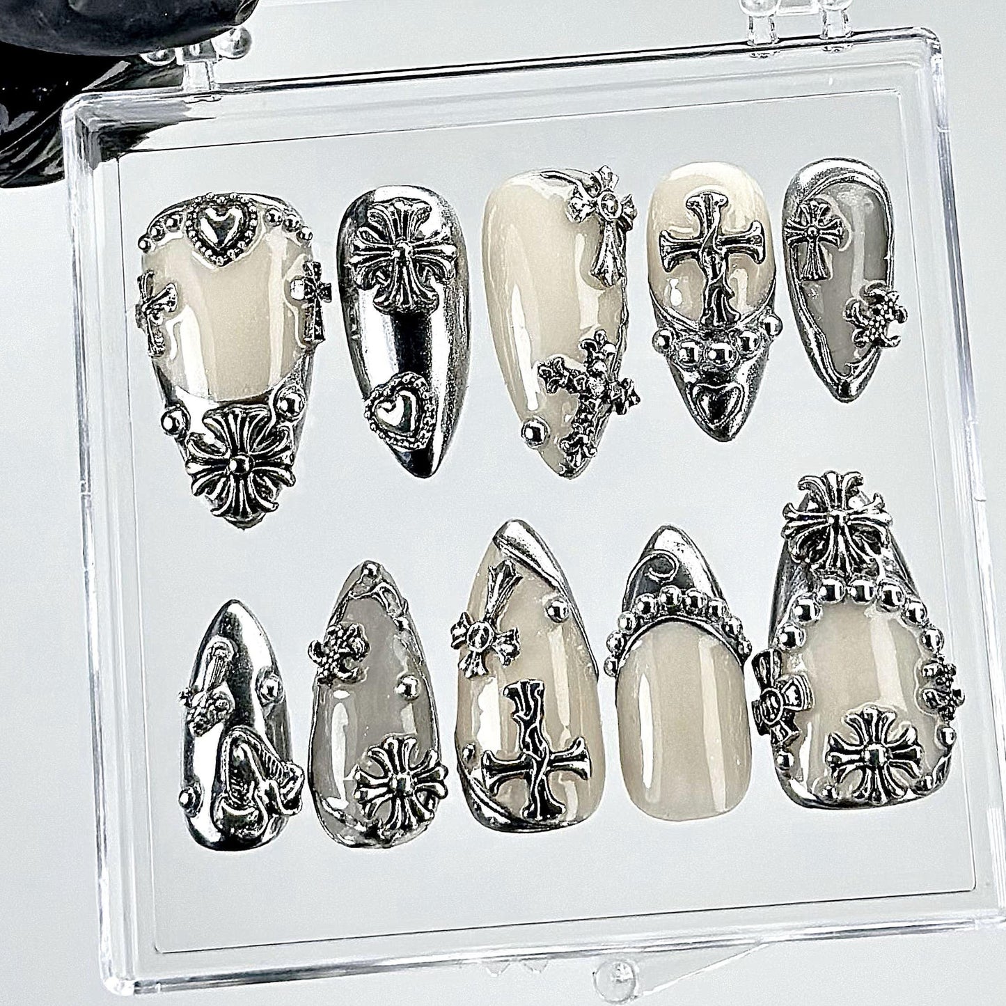 Gothic Chrome Cross Press On Nail Set