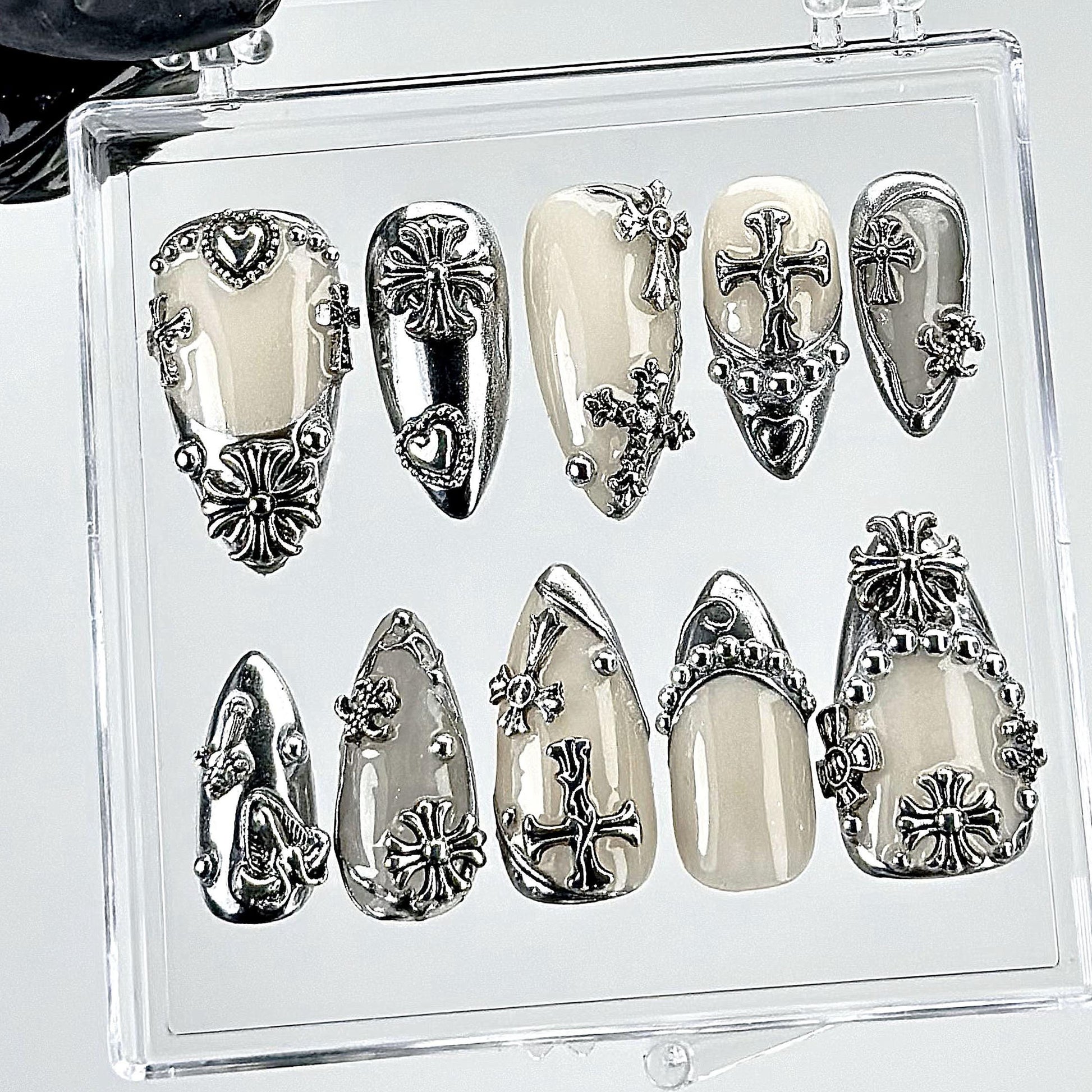 Gothic Chrome Cross Press On Nail Set