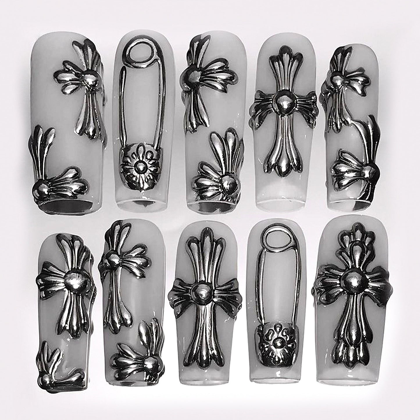 Gothic Chrome Cross Press On Nails Set