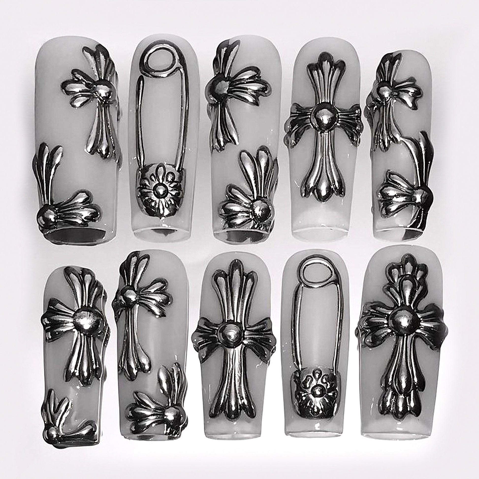 Gothic Chrome Cross Press On Nails Set