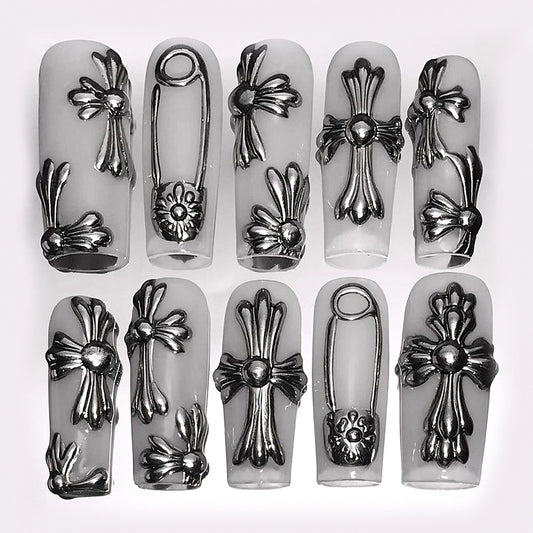 Gothic Chrome Cross Press On Nails Set