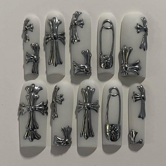 Gothic Chrome Cross Press On Nails Set
