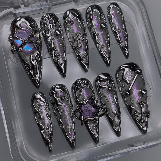 Gothic Chrome Purple Flame Press On Nails Set