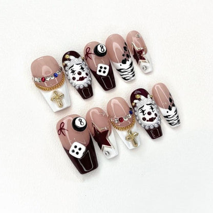 Gothic Circus Press-On Nails with Clown Faces, Dice, and Cross Charms