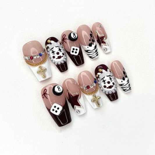 Gothic Circus Press-On Nails with Clown Faces, Dice, and Cross Charms