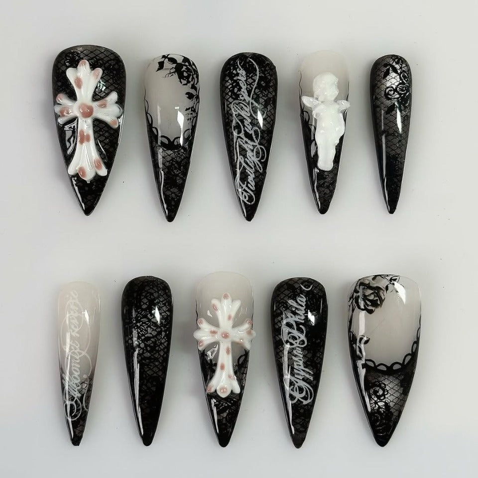 Gothic Cross Cherub Lace Stiletto Press On Nails Set Design
