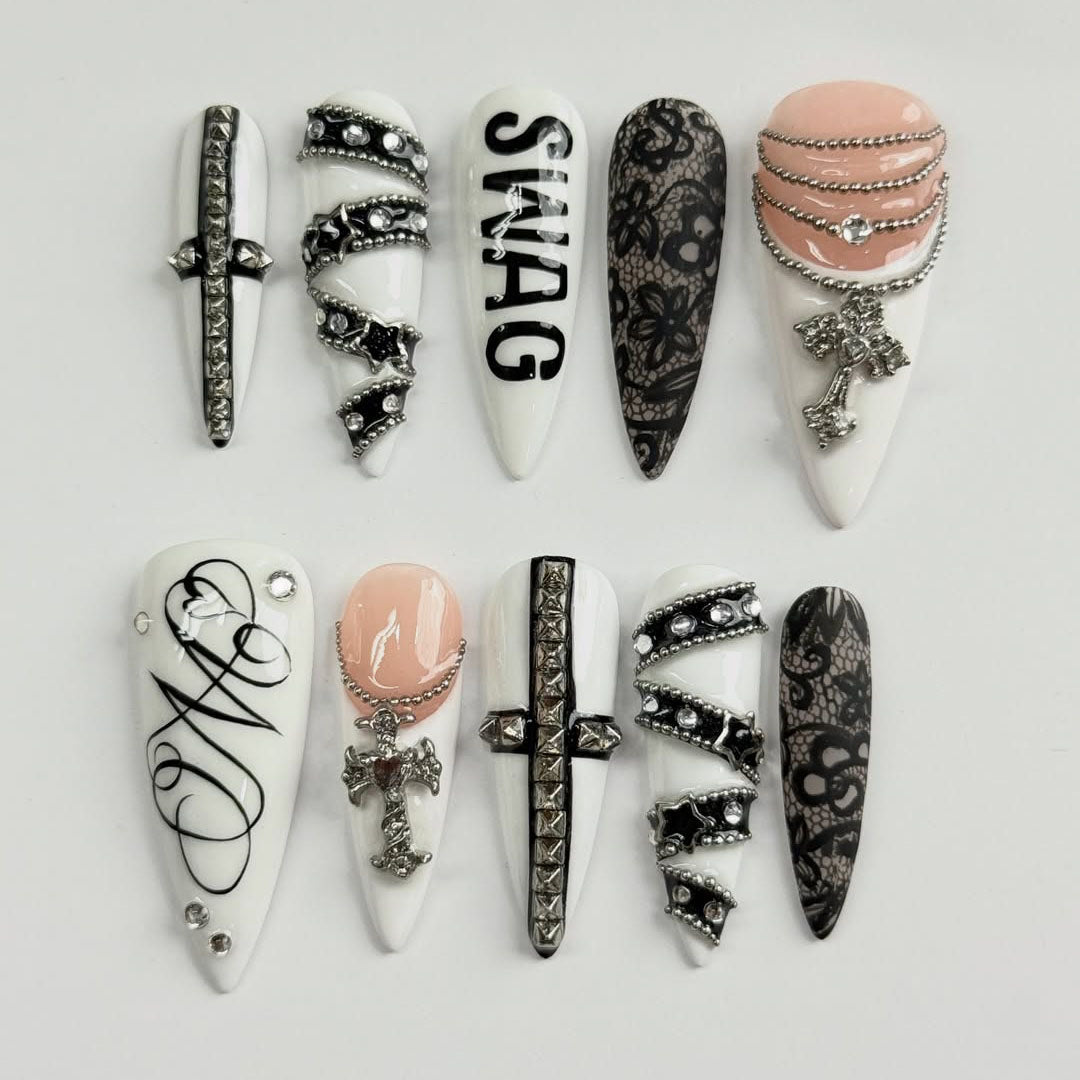 Gothic Cross Stiletto Press On Nails Black and White