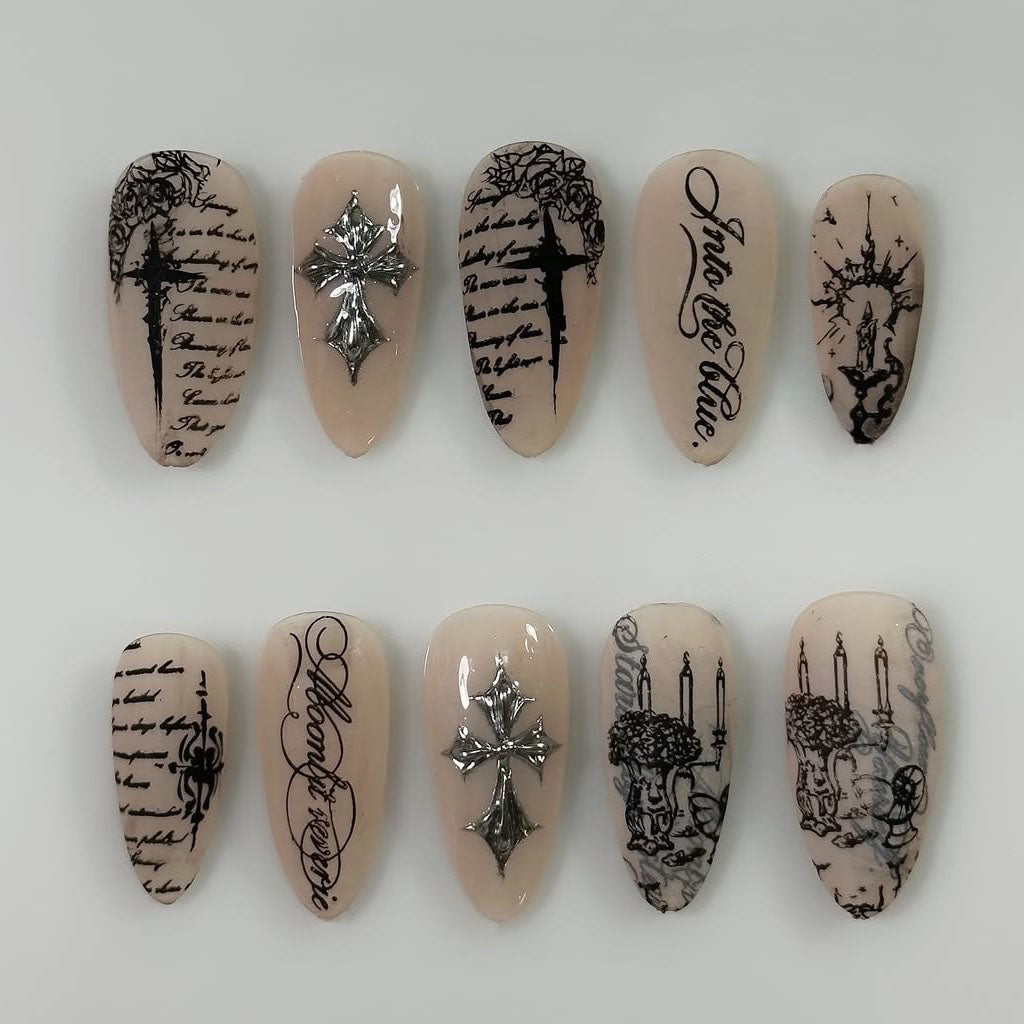 Gothic Cross Stiletto Press On Nails with Script Design
