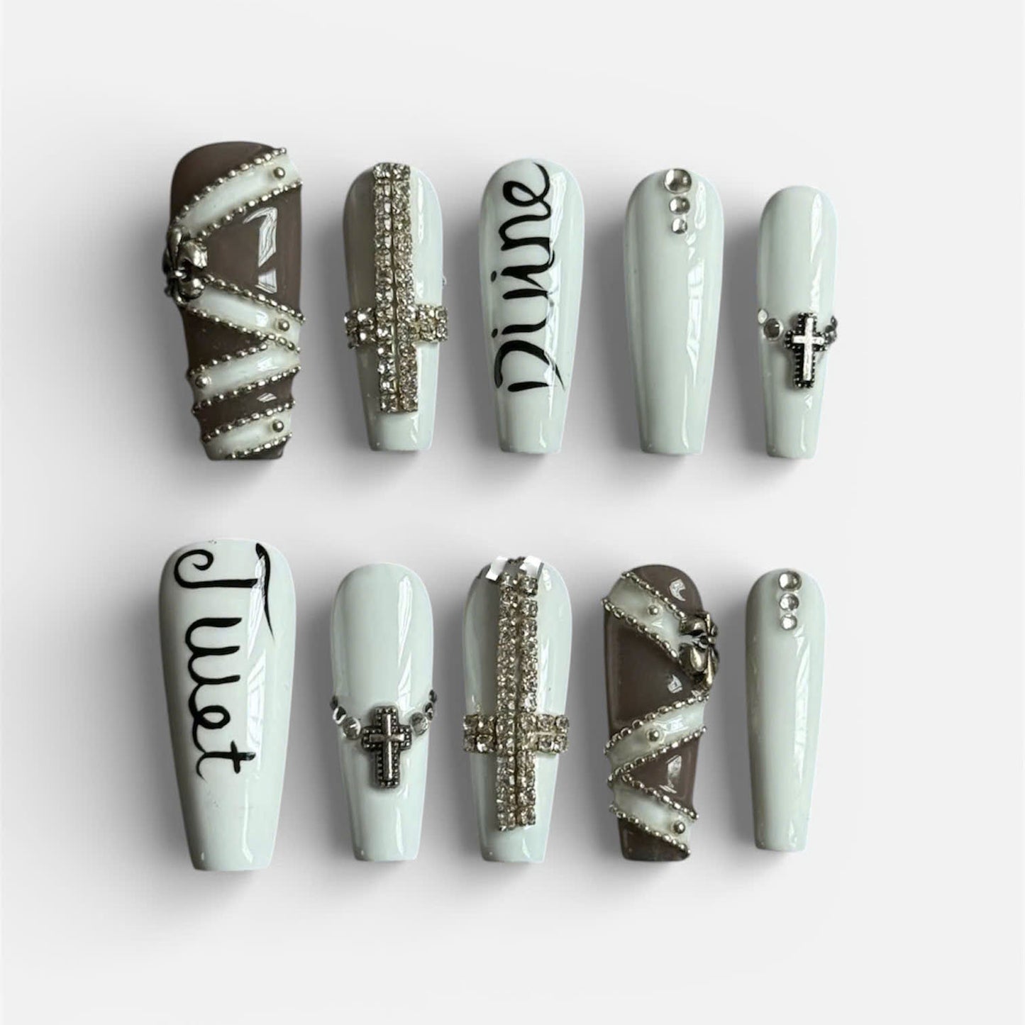 Gothic Cross Stud Press On Nails Black Grey Handmade Set