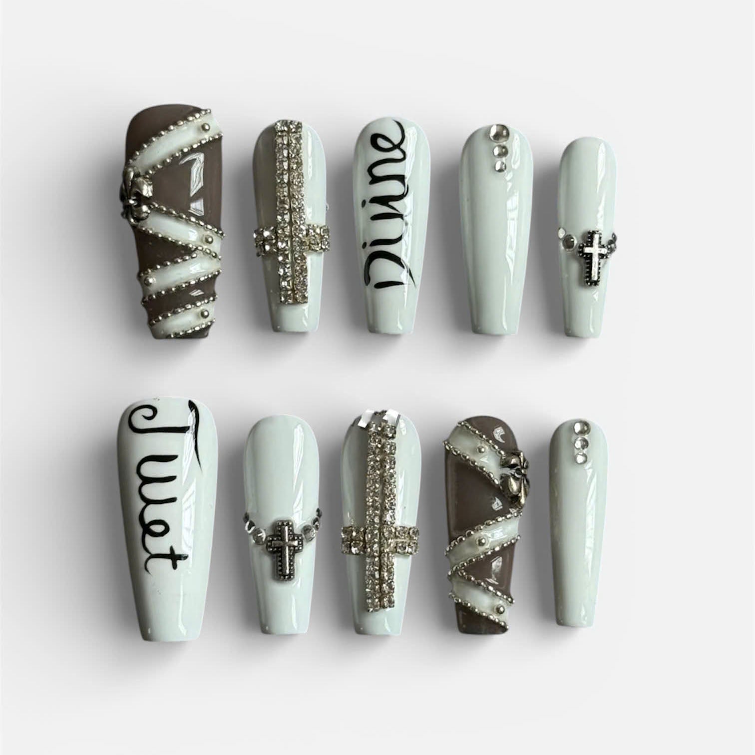 Gothic Cross Stud Press On Nails Black Grey Handmade Set