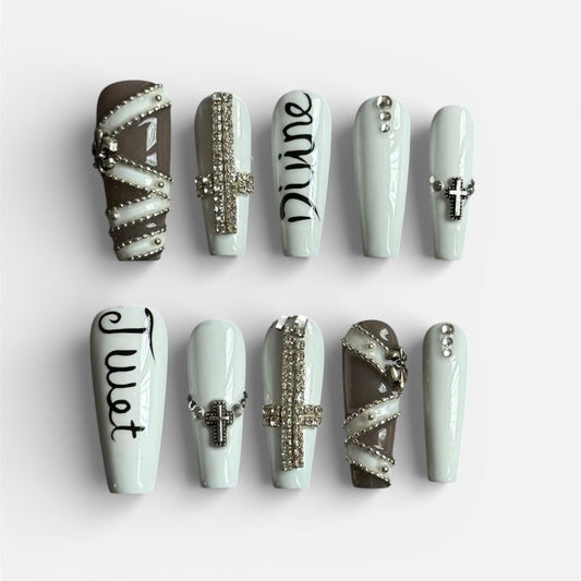 Gothic Cross Stud Press On Nails Black Grey Handmade Set