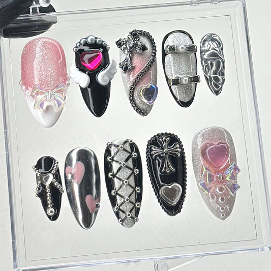 Gothic Glam Press On Nails Long Oval Black Chrome Romance