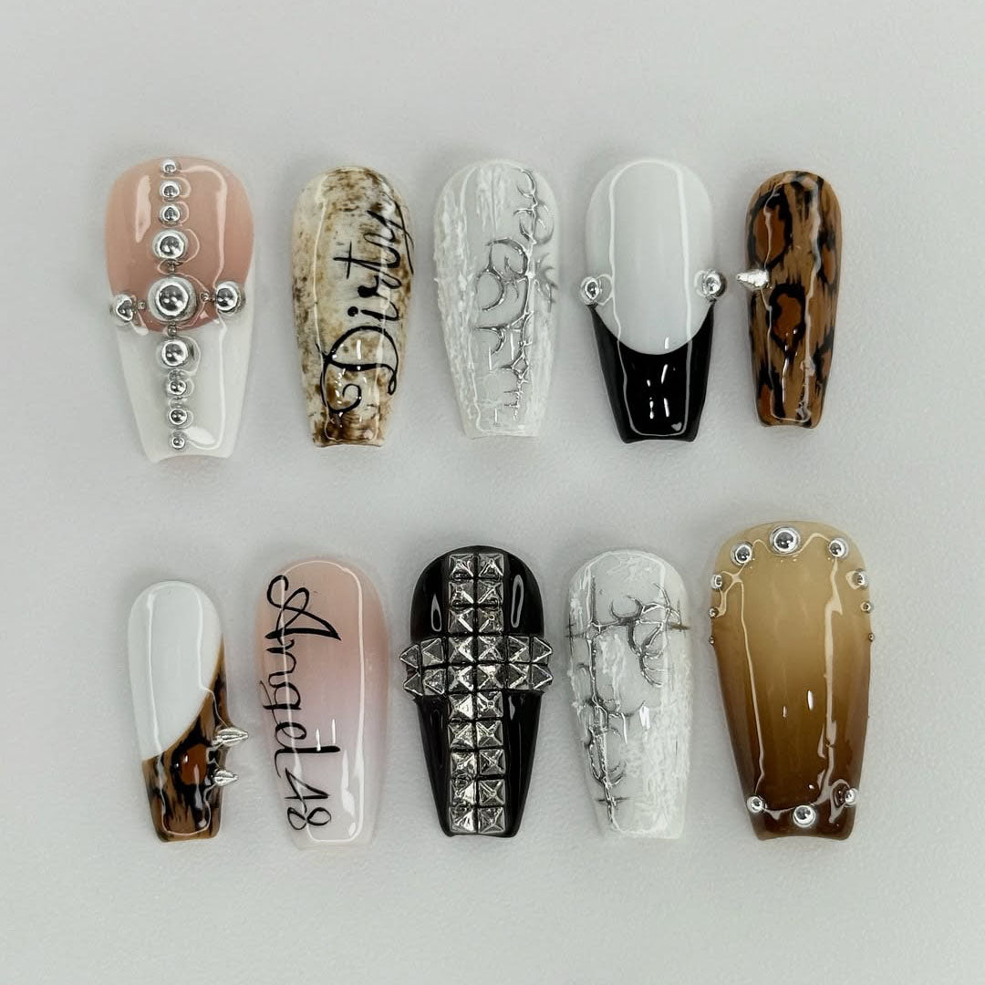 Gothic Grunge Handmade Press On Nails with Cross Stud and Leopard Accents