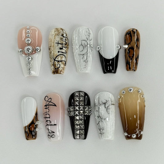 Gothic Grunge Handmade Press On Nails with Cross Stud and Leopard Accents
