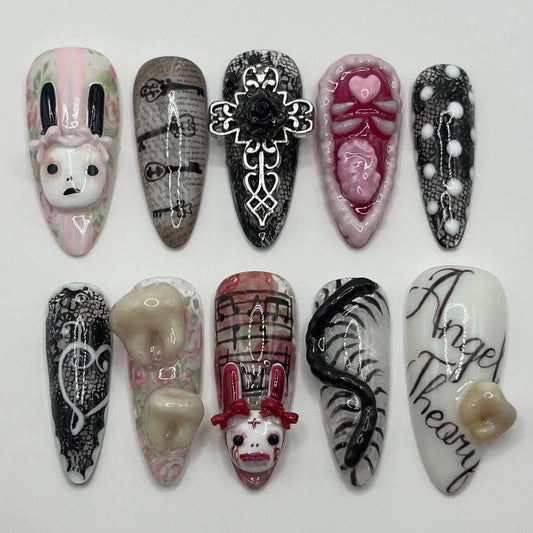 Gothic Handmade Press-On Nails with Dark Angel and Fantasy Art