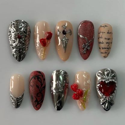 Gothic Heart Armor Press On Nails Nude Red Metallic Art Set