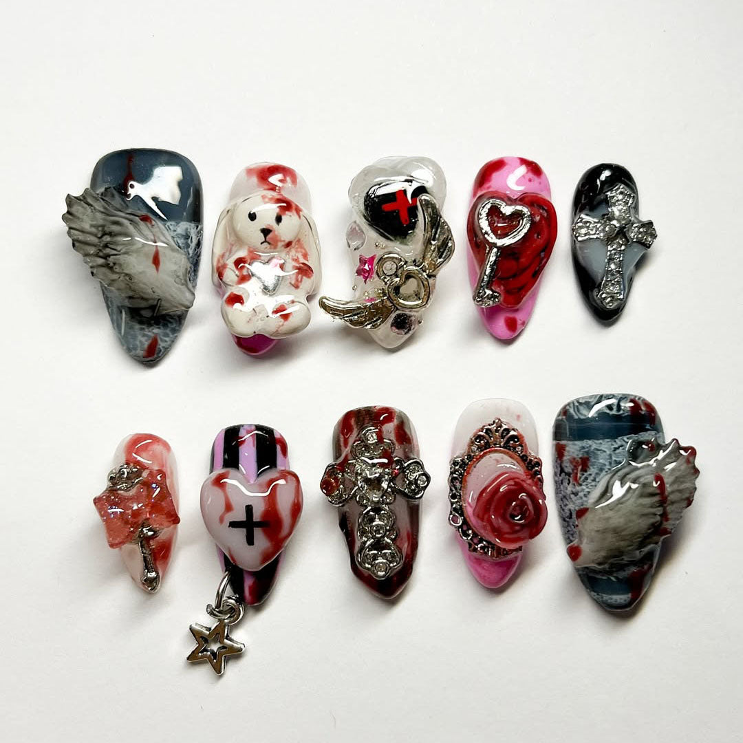 Gothic Heart Cross Press On Nails Long Statement Set
