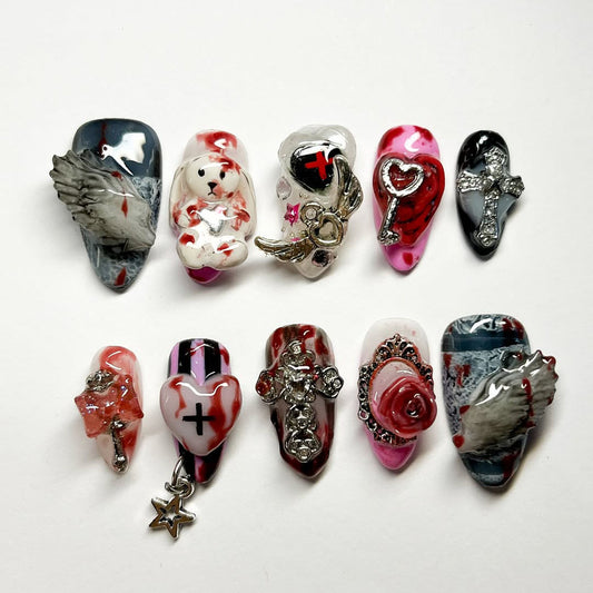 Gothic Heart Cross Press On Nails Long Statement Set