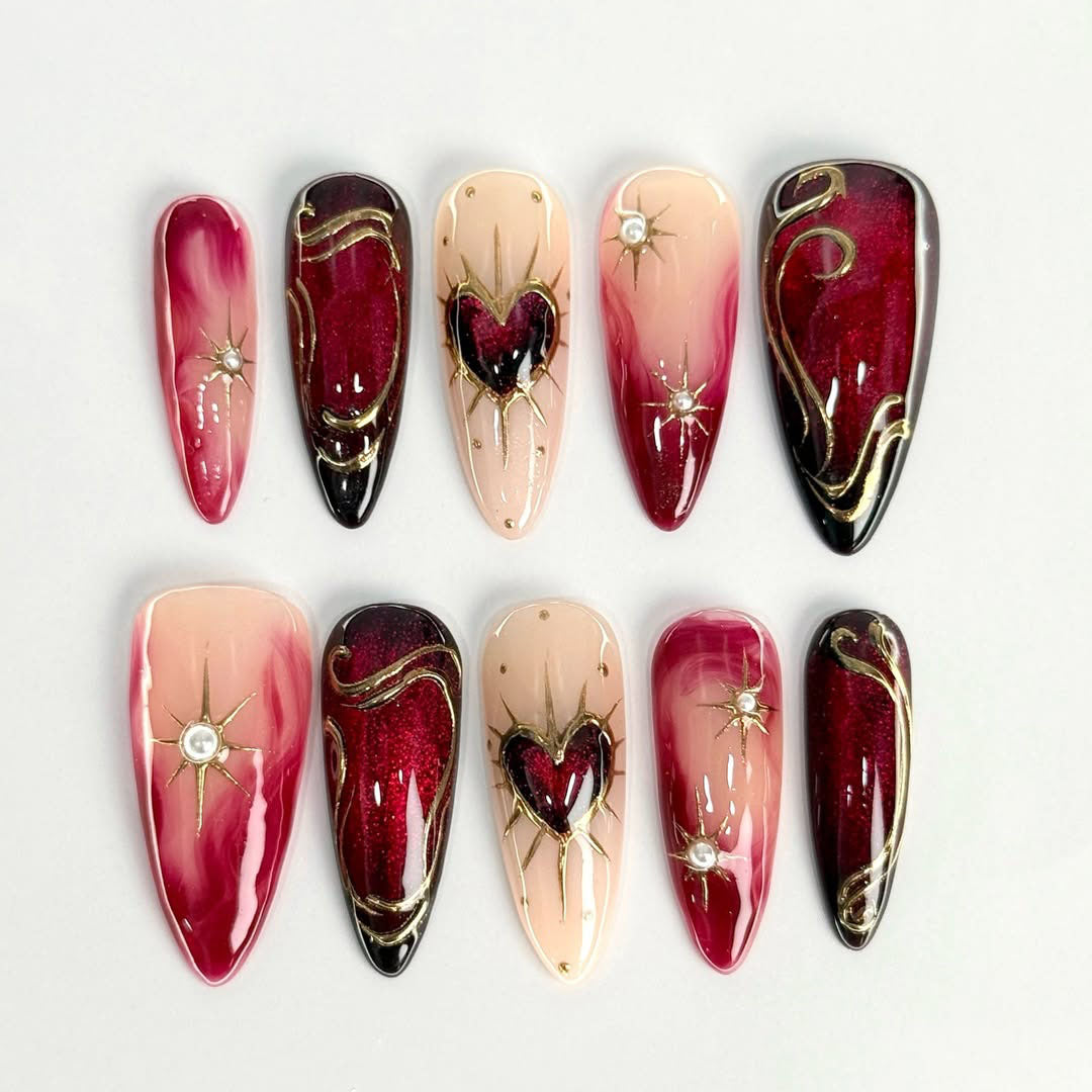 Gothic Heart Star Press On Nail Set Burgundy Gold Gradient