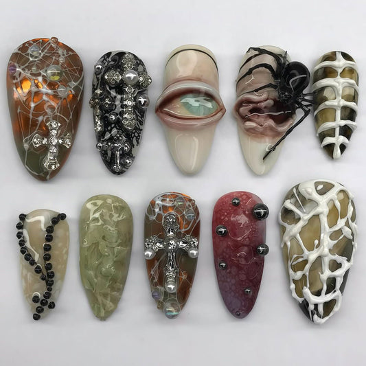 Gothic Horror Press-On Nails with 3D Spider Cross and Web Art