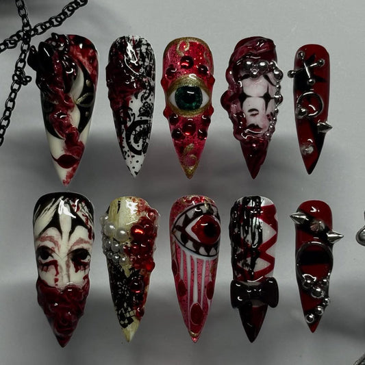 Gothic Horror Press-On Nails with Eyes and Spikes