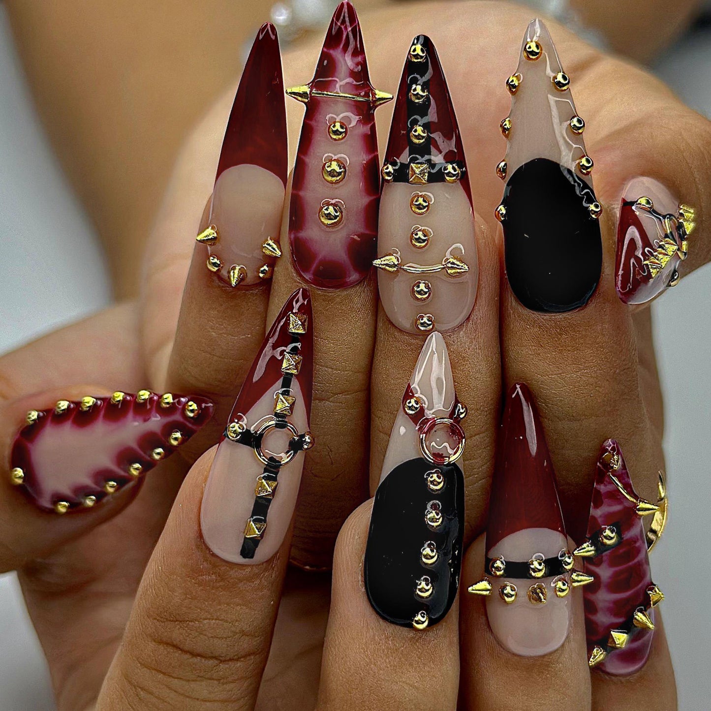 Gothic Luxe Spike Press On Nails  Burgundy Studded Nails 