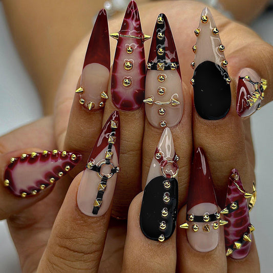 Gothic Luxe Spike Press On Nails  Burgundy Studded Nails 