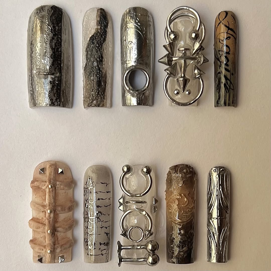 Gothic Metal Press On Nail Set Chrome Sculpted Detail
