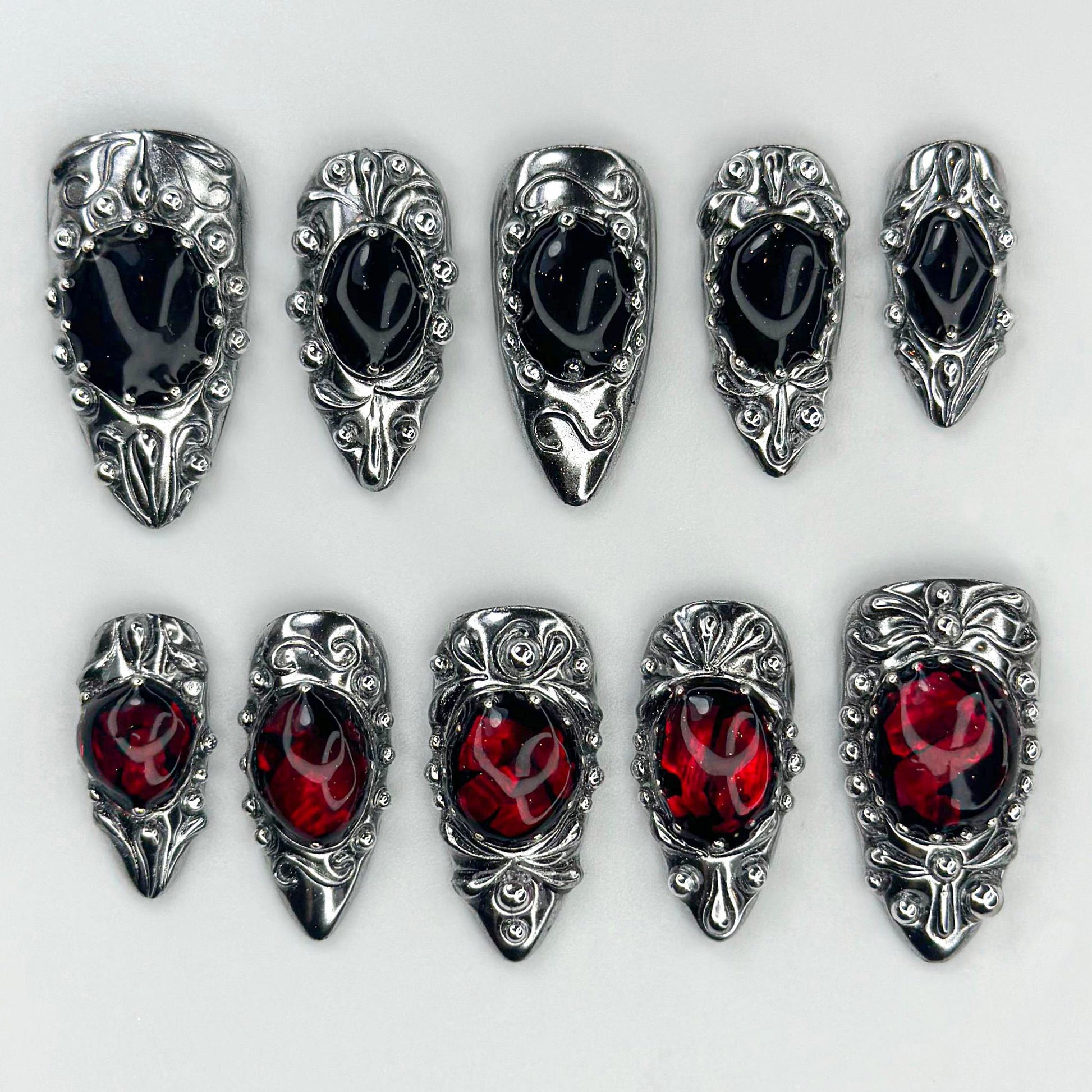 Gothic Nail Tips - Elegant Black & Red Set