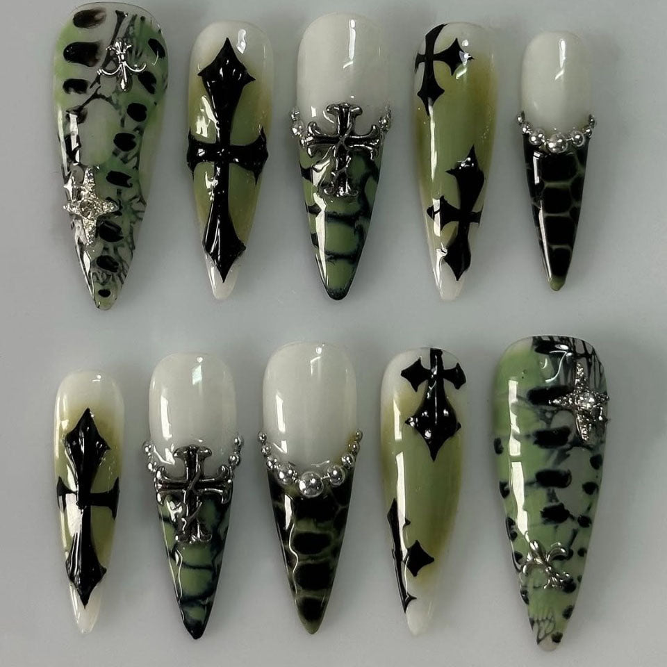 Gothic Olive Black Press On Nails Cross Symbol Stiletto Set