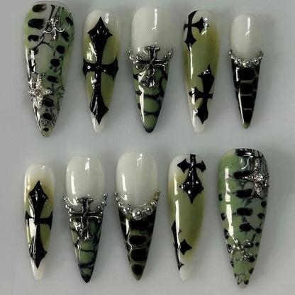 Gothic Olive Black Press On Nails Cross Symbol Stiletto Set