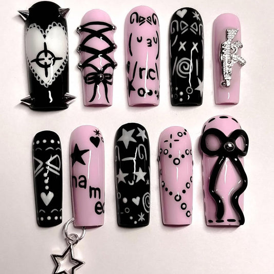 Gothic Punk Pink Black Star Bow 3D Press On Nail Set