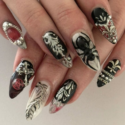 Gothic Punk Silver Black Baroque 3D Press On Nail Set