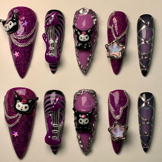 Gothic Purple Kuromi Press On Nails with Star Charms & Guitar Design