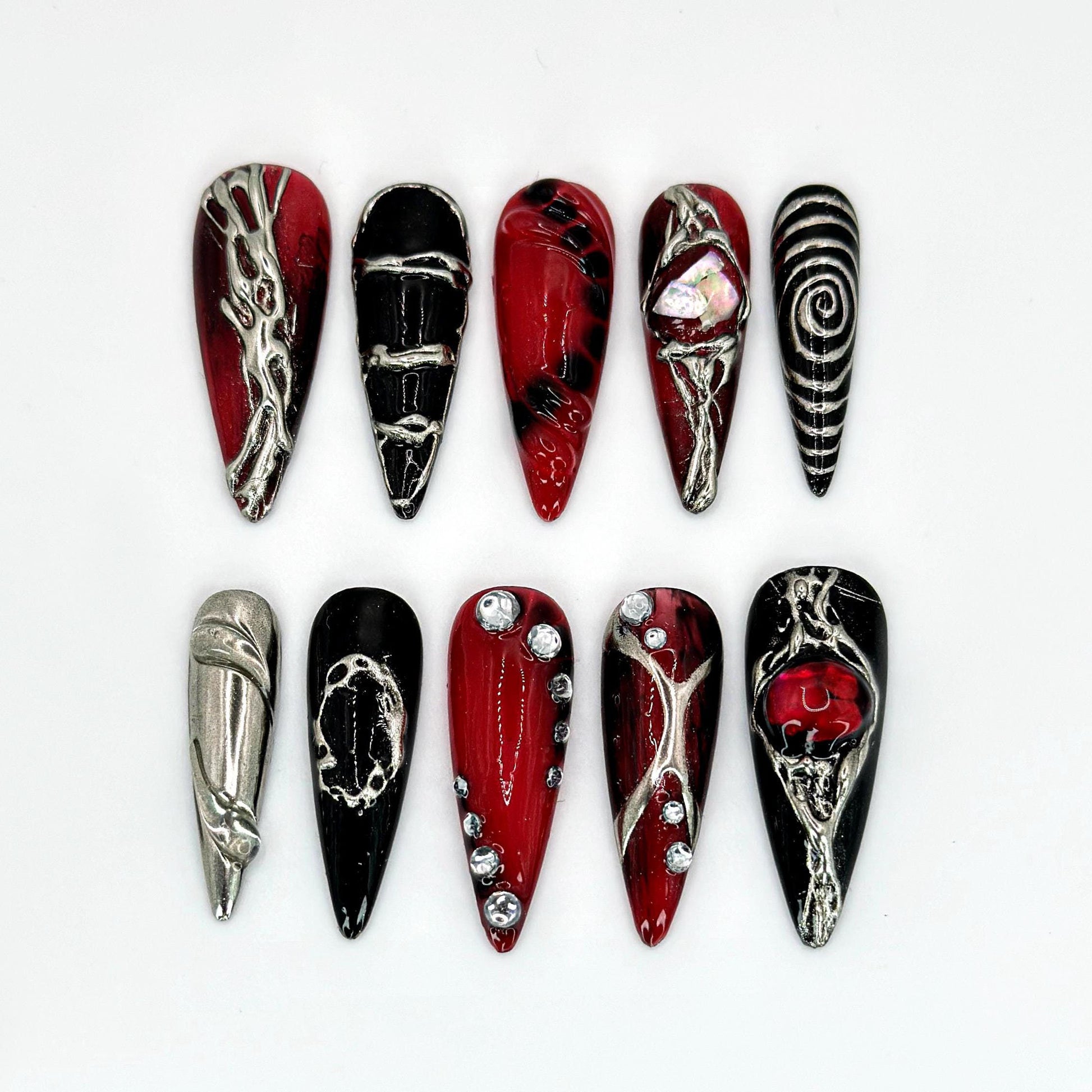 Gothic Red Black Metallic 3D Press-On Nails