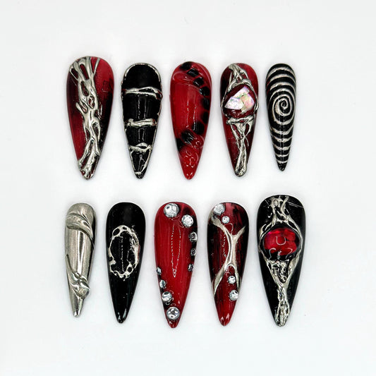 Gothic Red Black Metallic 3D Press-On Nails