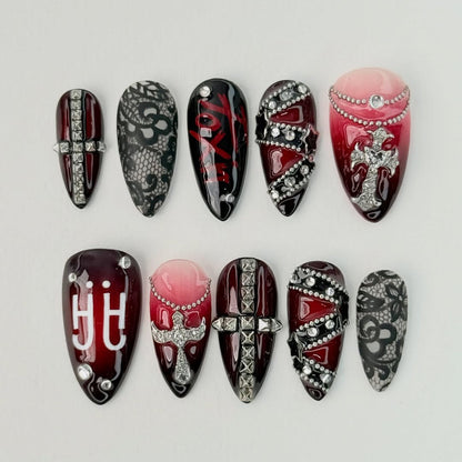 Gothic Red Cross Press On Nails Dark Statement Set