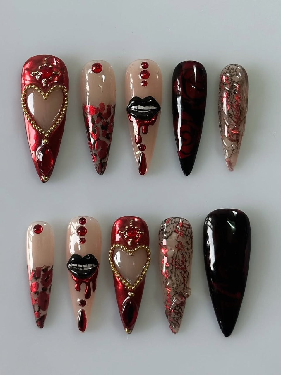 Gothic Red Heart Press On Nails Dark Romance Statement Set