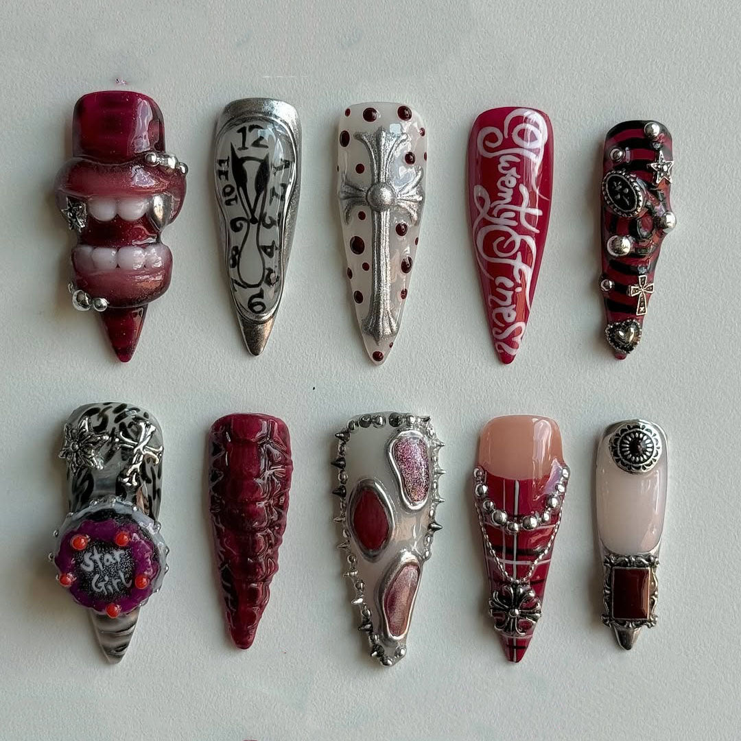 Gothic Red Press On Nails with Cross and Clock Inspired Design
