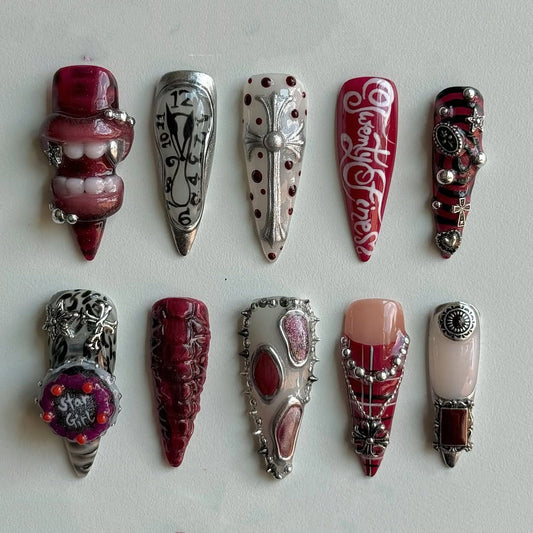 Gothic Red Press On Nails with Cross and Clock Inspired Design