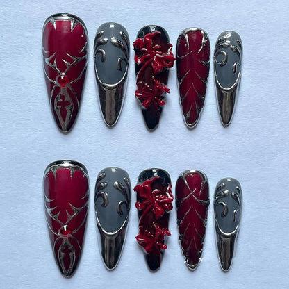 Gothic Red and Silver 3D Press On Nail Set with Floral Details