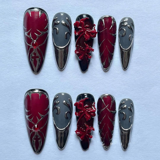 Gothic Red and Silver 3D Press On Nail Set with Floral Details