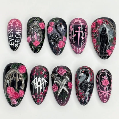 Gothic Rose Swan Press On Nails Dark Art Set