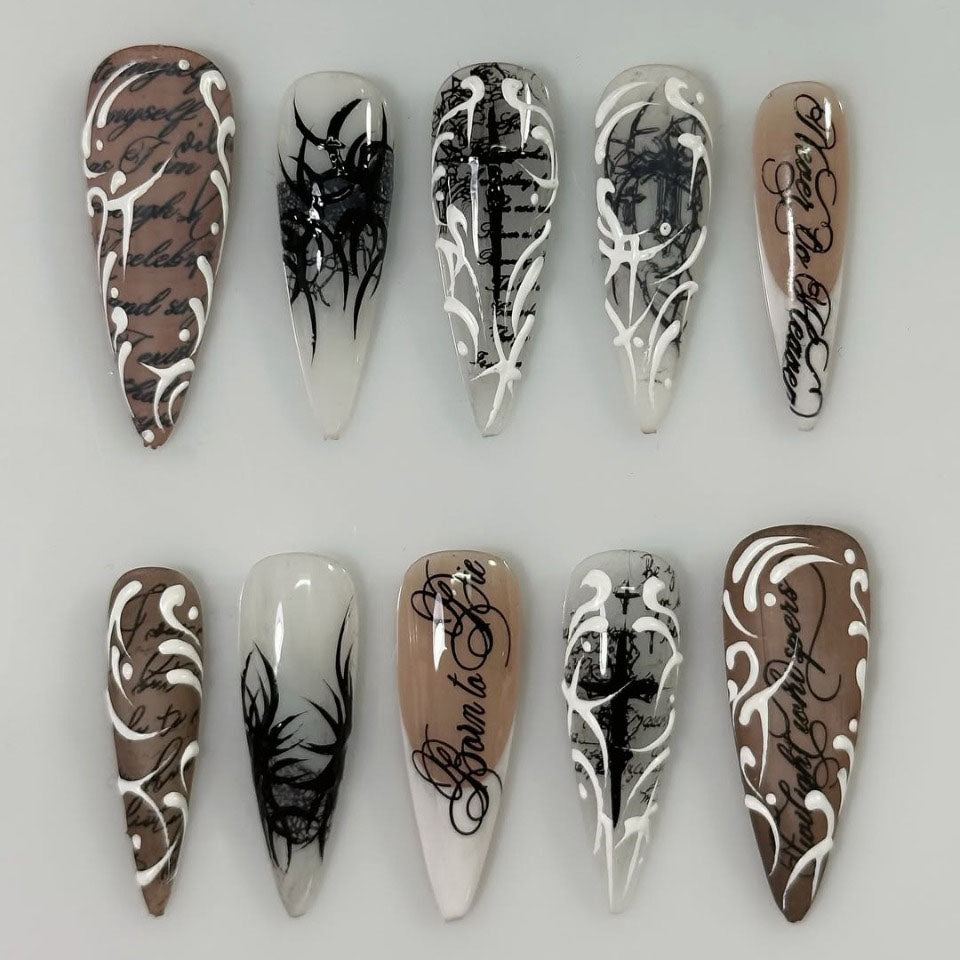 Gothic Script Stiletto Press On Nails with Floral Design
