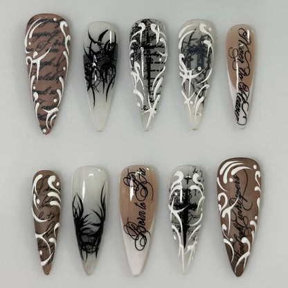Gothic Script Stiletto Press On Nails with Floral Design