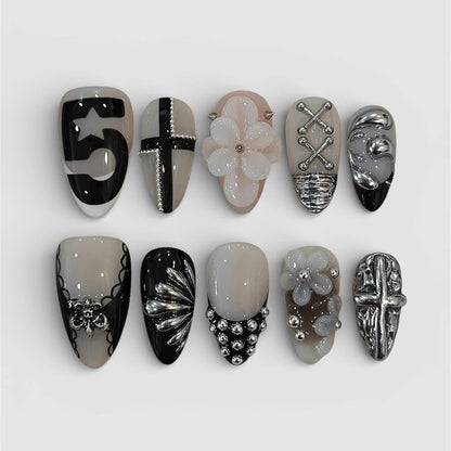 Gothic Silver Press On Nails Dark Cross Floral Art Set