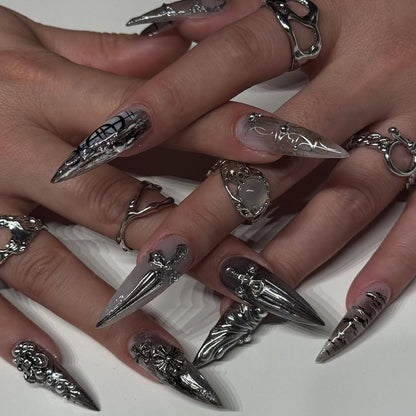 Gothic Silver Stiletto Nails with Cross and Metallic Sculpted Art