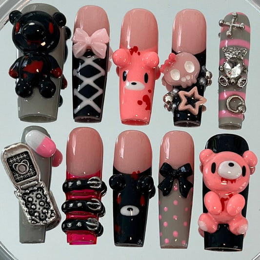 Gothic Teddy & Skull Pink Press On Nail Set 3D Cute Punk Style