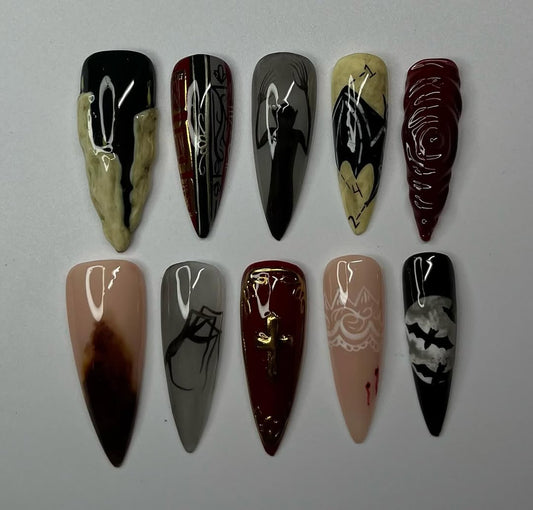 Gothic Vampire 3D Halloween Press-On Nails with Cross and Bats